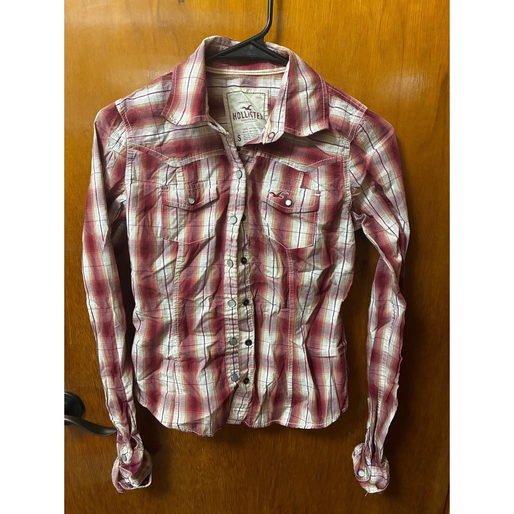 Hollister Plaid Button Down Women Small Pink Western Snap Front Coastal Cowgirl